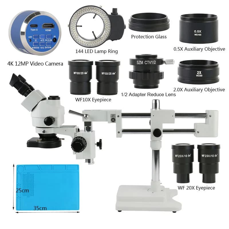 Microscope Stereo Simul-Focale 90X 180X Trinocular with USB HDMI Camera and 144 LED Ring Light, Industrial Repair Kit