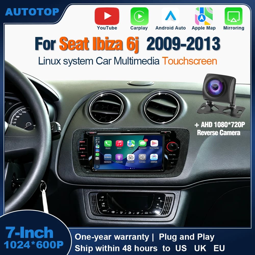 AUTOTOP Lettore multimediale wireless da 7 pollici con YouTube, CarPlay e Android Auto per Seat Ibiza 6j 2009-2013, schermo touch per auto, navigatore, Bluetooth, telecamera posteriore