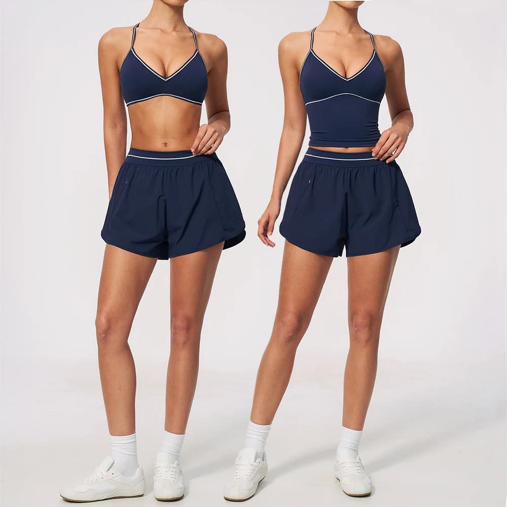 Women 2 Piece Yoga Set V Neck Longline Top and 2 in 1 Flowy Running Shorts with Pockets Double Layer Gym Workout Activewear Suit