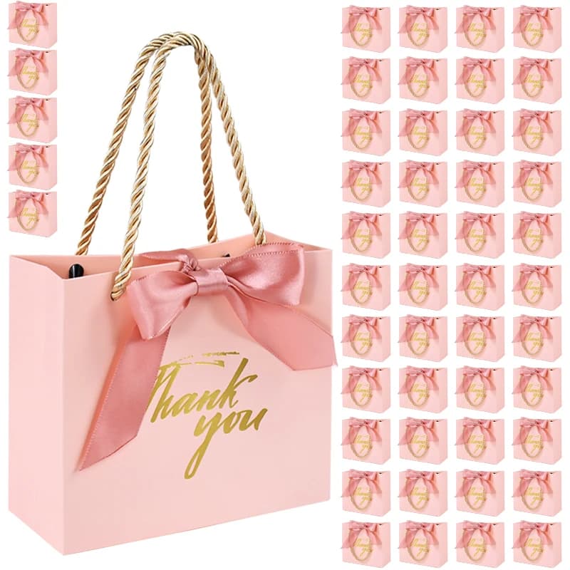 20/30/50 pezzi Sacchetti regalo di ringraziamento Sacchetti riutilizzabili in carta per feste con manici Nastro con fiocco dorato Mini sacchetti rosa per bomboniere per compleanno