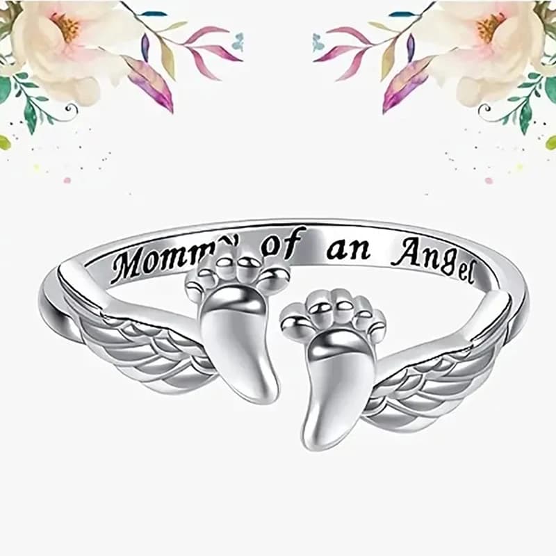 Huitan Mother Rings Foot Angel Wing Best Mother's Day Gift Mommy of an Angle Creative Carved Finger Ring Jewelry for Women