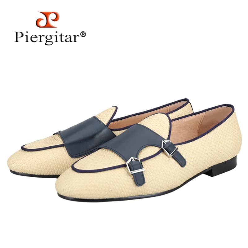 Mocassini belga Piergitar intrecciati Rafia Double-Monk Pantofole da fumo da uomo slip-on realizzate a mano Sottopiede in pelle traspirante Taglie forti