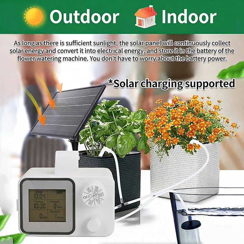 White Irrigation System With Solar Panel Household LCD Screen Automatic Watering Smart System Built-in 3.7V 2000mAh Battery