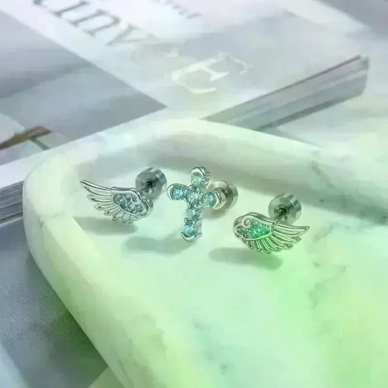 Orecchini a Forma di Ala con Micro Incastonature di Zirconi Blu, Design a Croce per Donne, Gioielli per Matrimoni e Regali