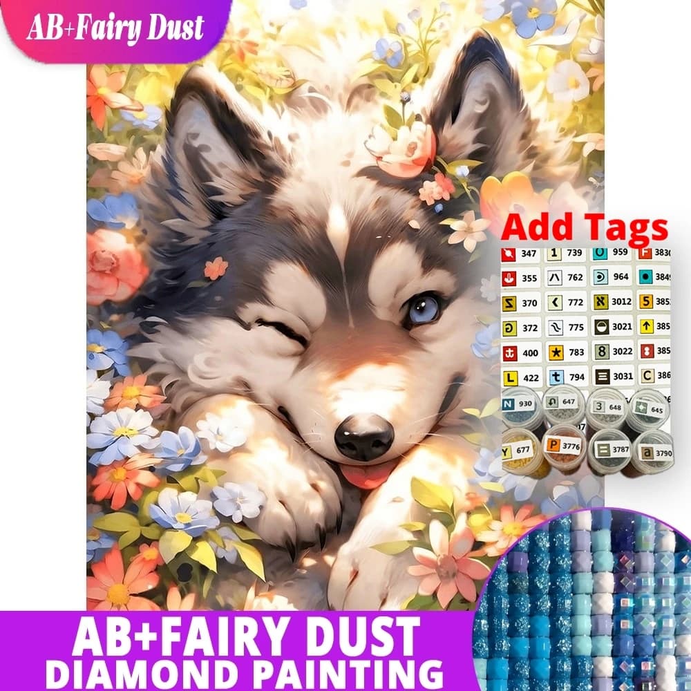 AB Fairy Dust Full Square Round Diamond Mosaic Husky Puppy Flower Garden Dog Animal Painting Rhinestones Embroidery Wall Art