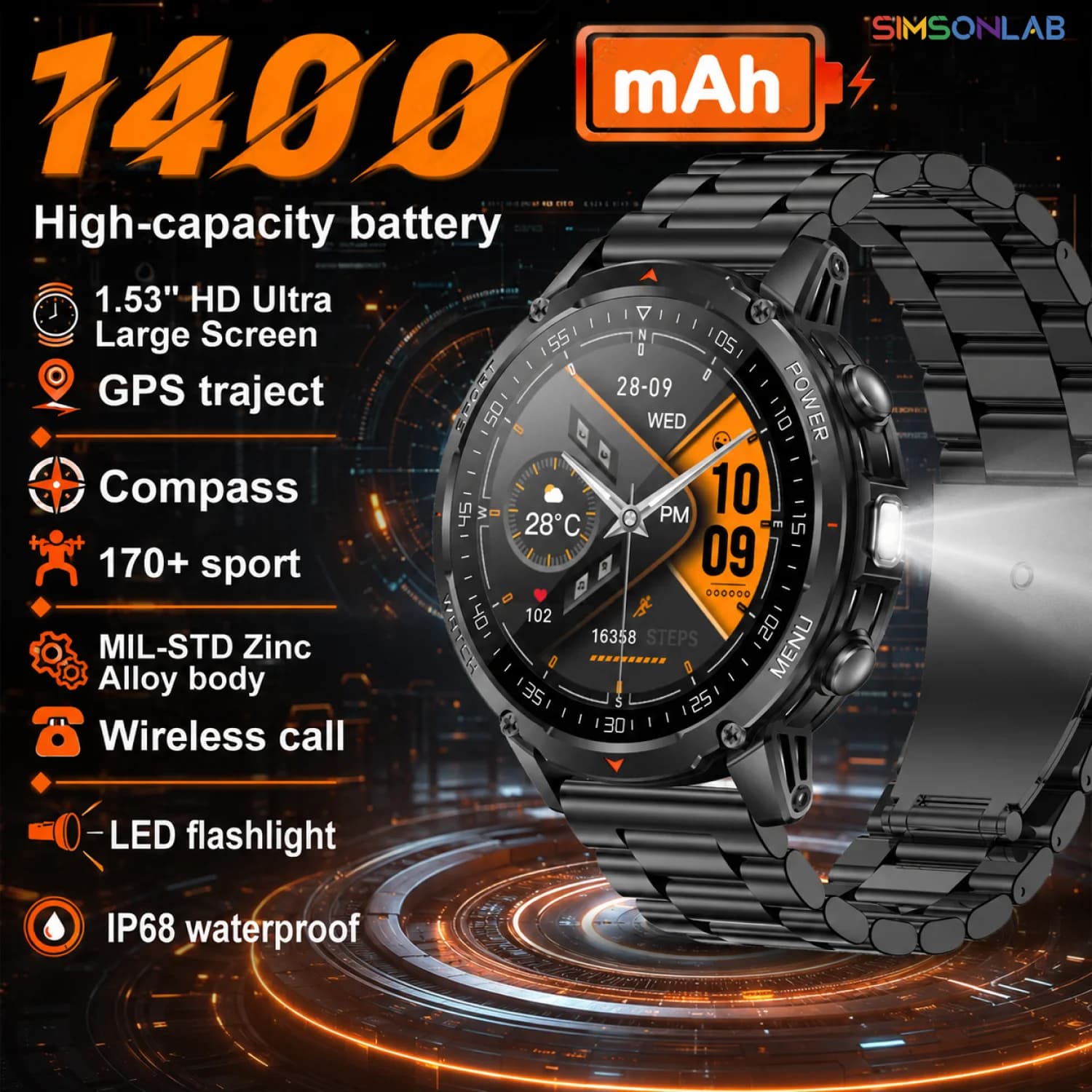 2026 New 1400mAh Military GPS Smart Watch Men 1.53" AMOLED Screen 10ATM Waterproof Clock SOS Call Flashlight Smartwatch iOS
