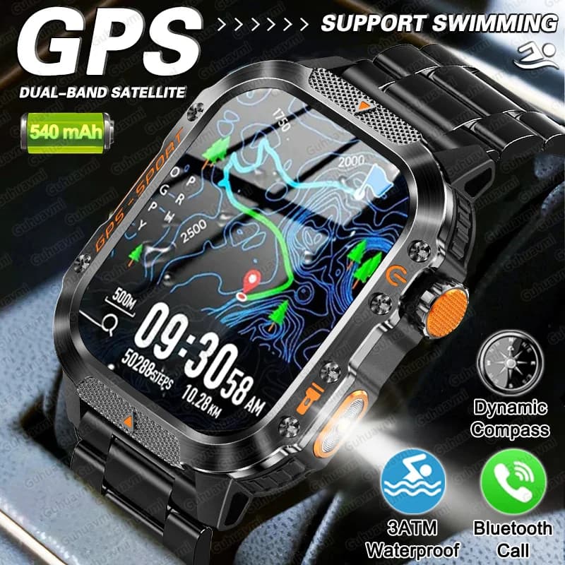 2025 Nuovo GPS Militare Sport All'aria Aperta Astuto Della Vigilanza Degli Uomini 2.01 pollici AMOLED 3ATM IP69K Impermeabile Bussola Chiamata Nuoto Fitness Smartwatch
