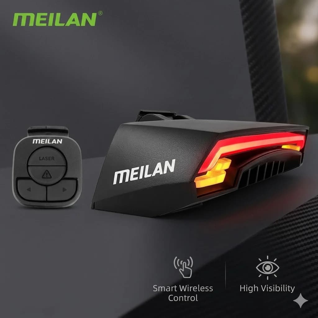 Luce Posteriore Intelligente per Bicicletta Meilan X5 con Controllo Remoto Wireless, Indicatore di Direzione, Raggio Laser, LED Ricaricabile USB, Lampade di Sicurezza Posteriori per Bici