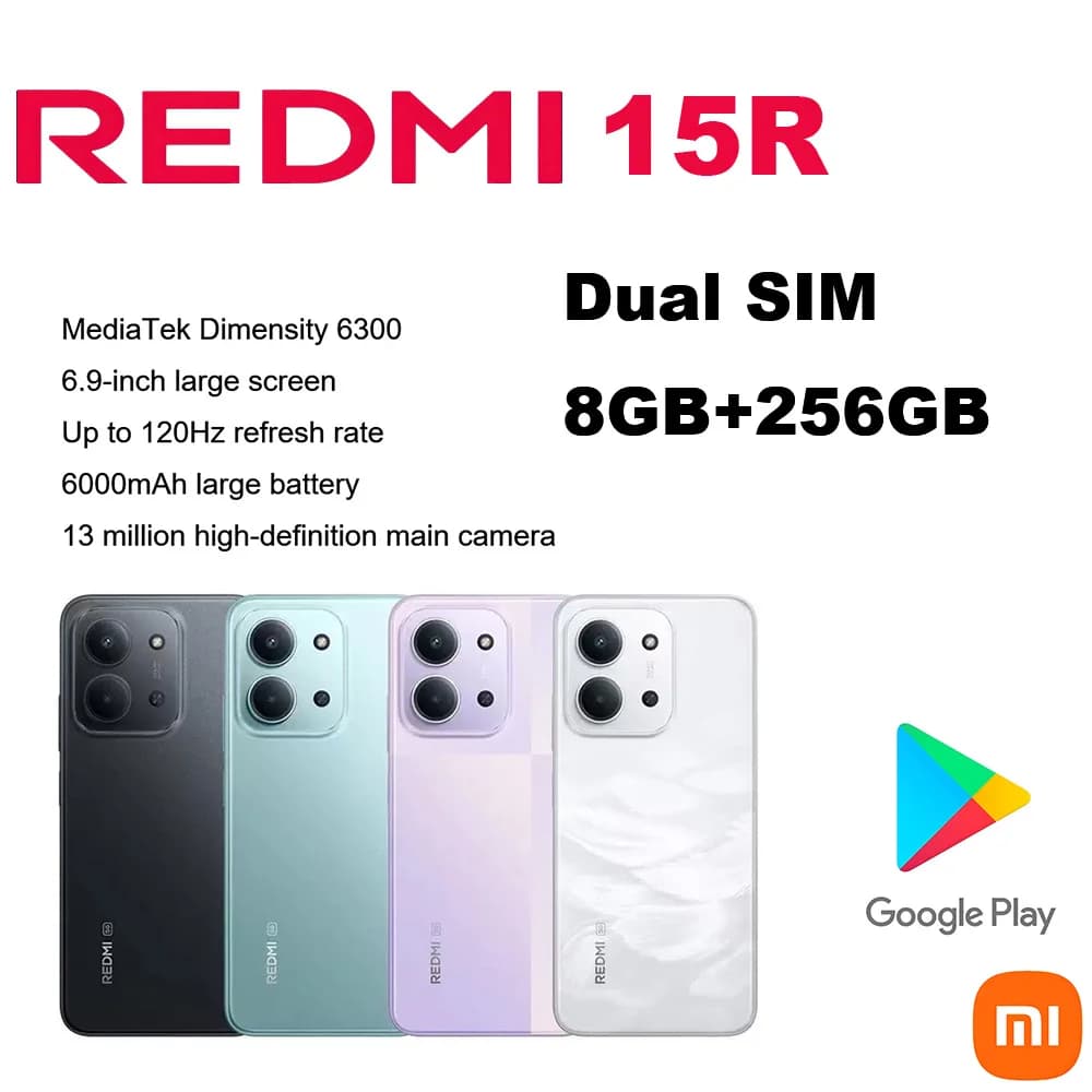 Redmi 15R mobile phone, daily use mobile phone, full screen, face unlock, Google services, fast charging, thin and light body