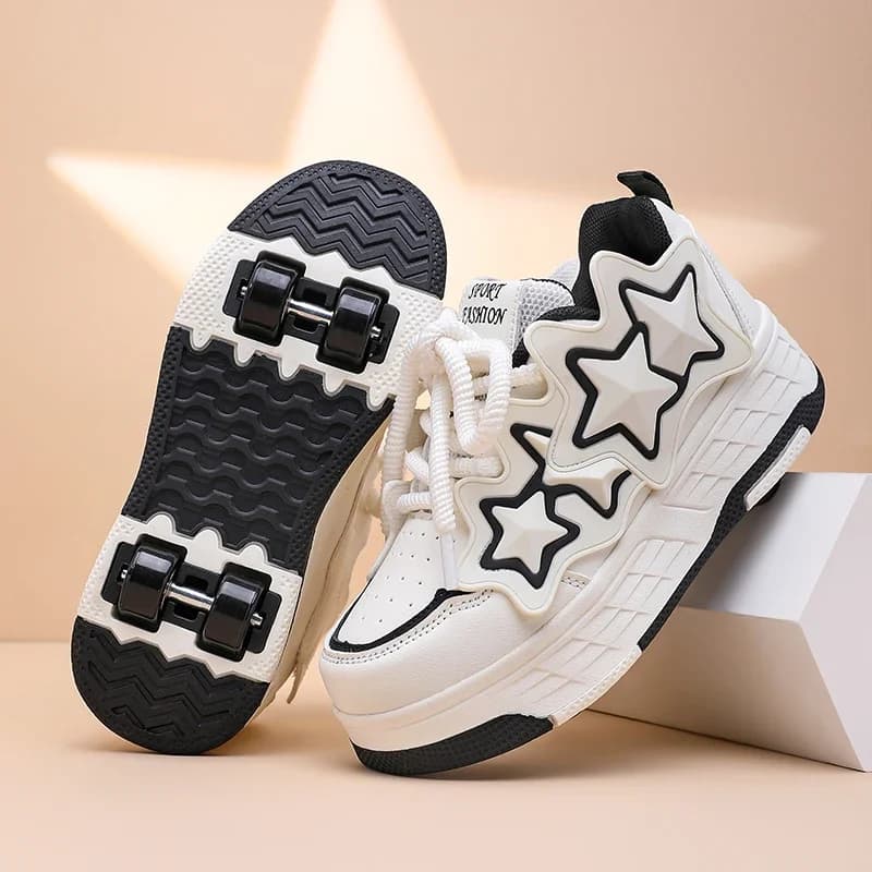 Children 4 Wheels Roller Skate Shoes Star Design Lace Up Deformation Sneakers Breathable Casual Outdoor Skating Shoes Boys Girls