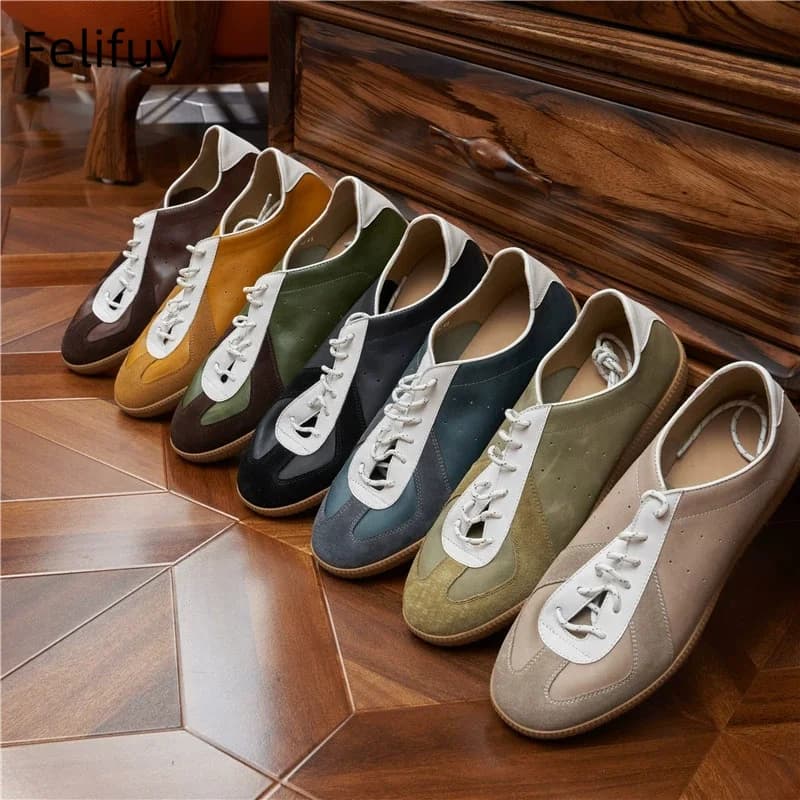Ins Retro Man Full Season Cow Suede Shoes Low Sneakers in Real Leather Casual Sport Shoes Crossed Contrast Gymnastics Shoes for Men