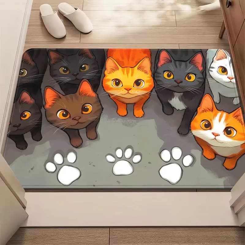 Cartoon Cat Group Doormat Multi Breed Kitten Paw Print Grey Background Cat Lover Front Door Mat
