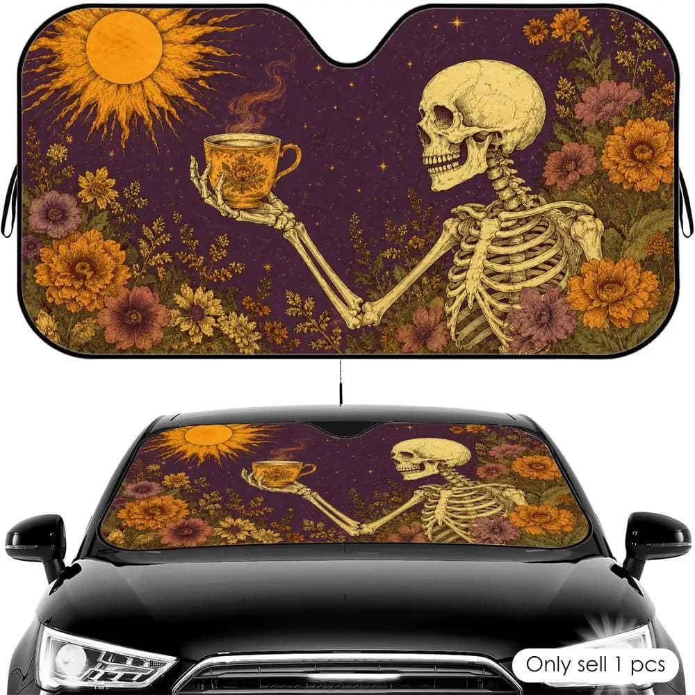 Parasole per Auto con Motivo Floreale e Scheletro, Protezione UV e dal Calore, Pieghevole, Universale