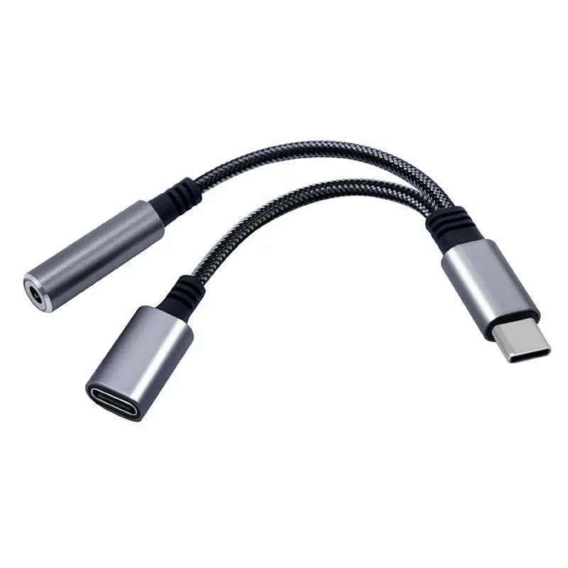 10 PZ 2-in-1 USB-C Male To Aux + USB-C Female OTG Cable Adapter Jacket To Nylon Converter Audio Transfer Data 3.5mm + C Adapter Cab