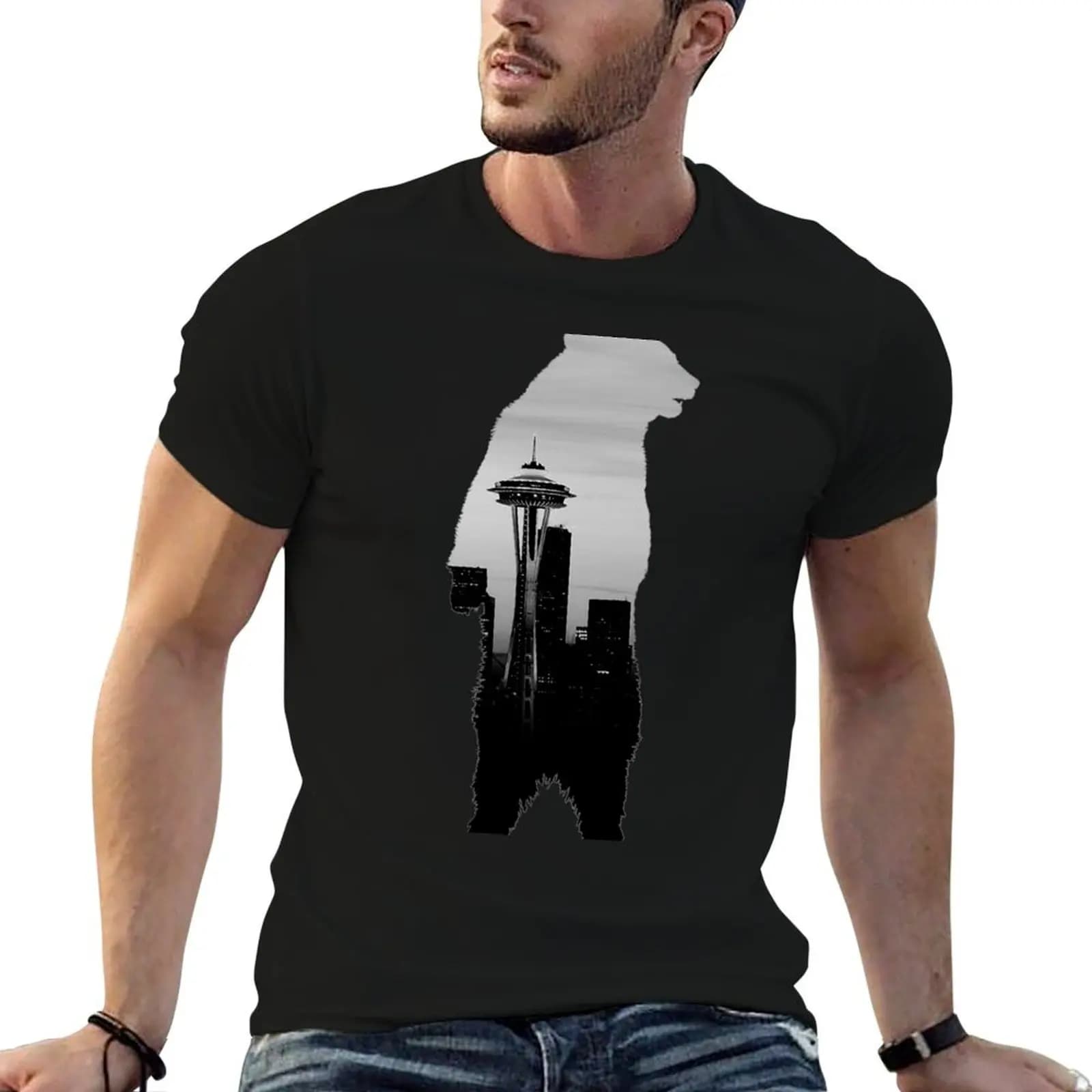 T-shirt Space Needle Bear in cotone, t-shirt con grafica al 100% per uomo, t-shirt essenziale