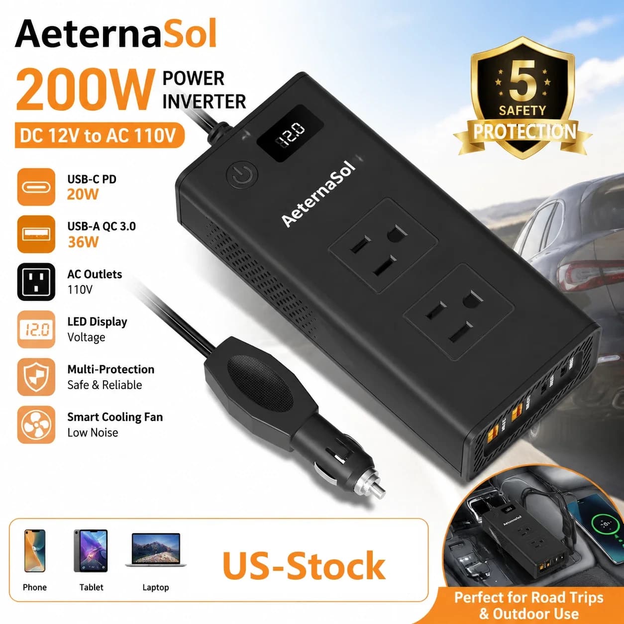 200W Car Power Inverter DC 12V to AC 110V Converter Adapter Charger Outlet 4USB, Dual Smart Charging Ports, Car Cigarette Lighter Plug, LED Display, Fast Charging for Laptop, Tablet, Camera, Phone, CPAP, Emergency Road Trip Essentials