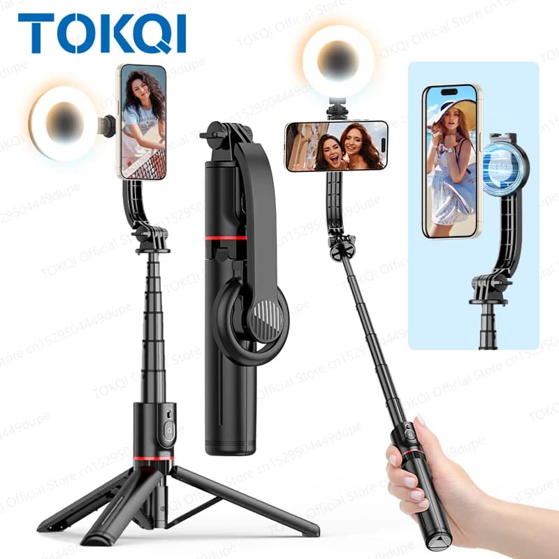 Treppiede Magnetico per Selfie Stick con Supporto da Tavolo per Cellulare, Video Live all'Aperto, Riprese Vlog Multifunzione, Luce di Riempimento Opzionale