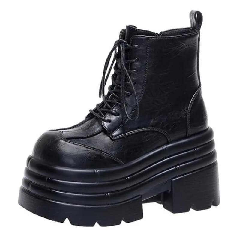 Nuove donne stivali alti con plateau scarpe punk in pelle gotica stivali da combattimento corti alla caviglia femminili stivali da moto robusti con zeppa da 10 cm