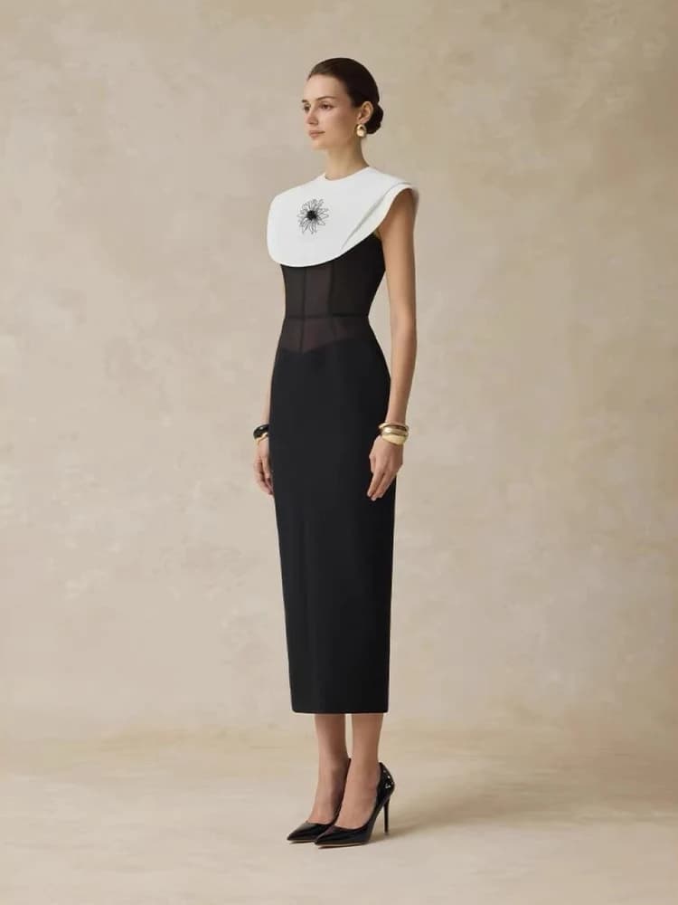 Slimming High Waist Bandage Dress Black White Color Block Wrap around Skirt Sexy Fishbone Design Elegant Evening Gown for Women