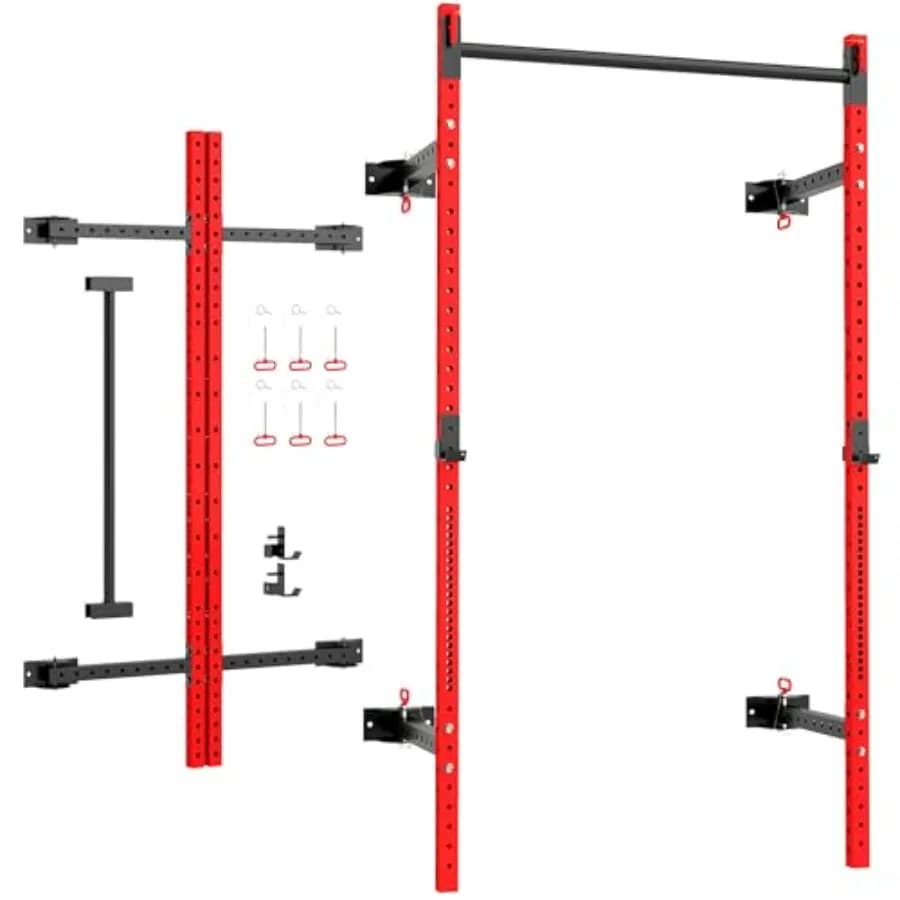 Rack per Squat Pieghevole a Parete con Barra Regolabile per Trazioni, Portata 450 kg, in Acciaio con Ganci a J per Palestra Domestica