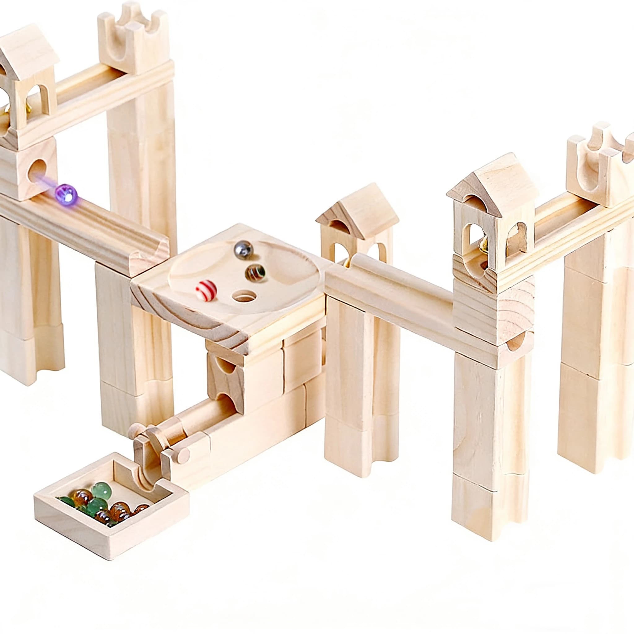 60 Pezzi Blocchi di Costruzione in Legno per Pista delle Biglie, Gioco Educativo di Assemblaggio per Bambini