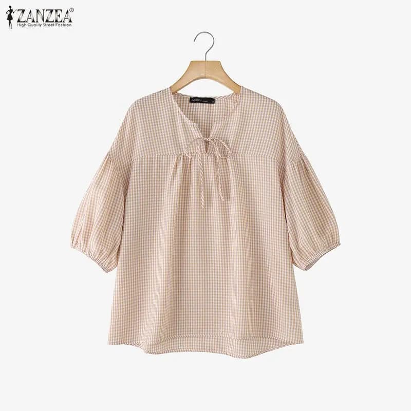 Summer Spring Women Blouses Fashion Plaid Blouse ZANZEA Oversize 3/4 Sleeve Tops Loose Lace-up Tee Streetwear Casual Blusas