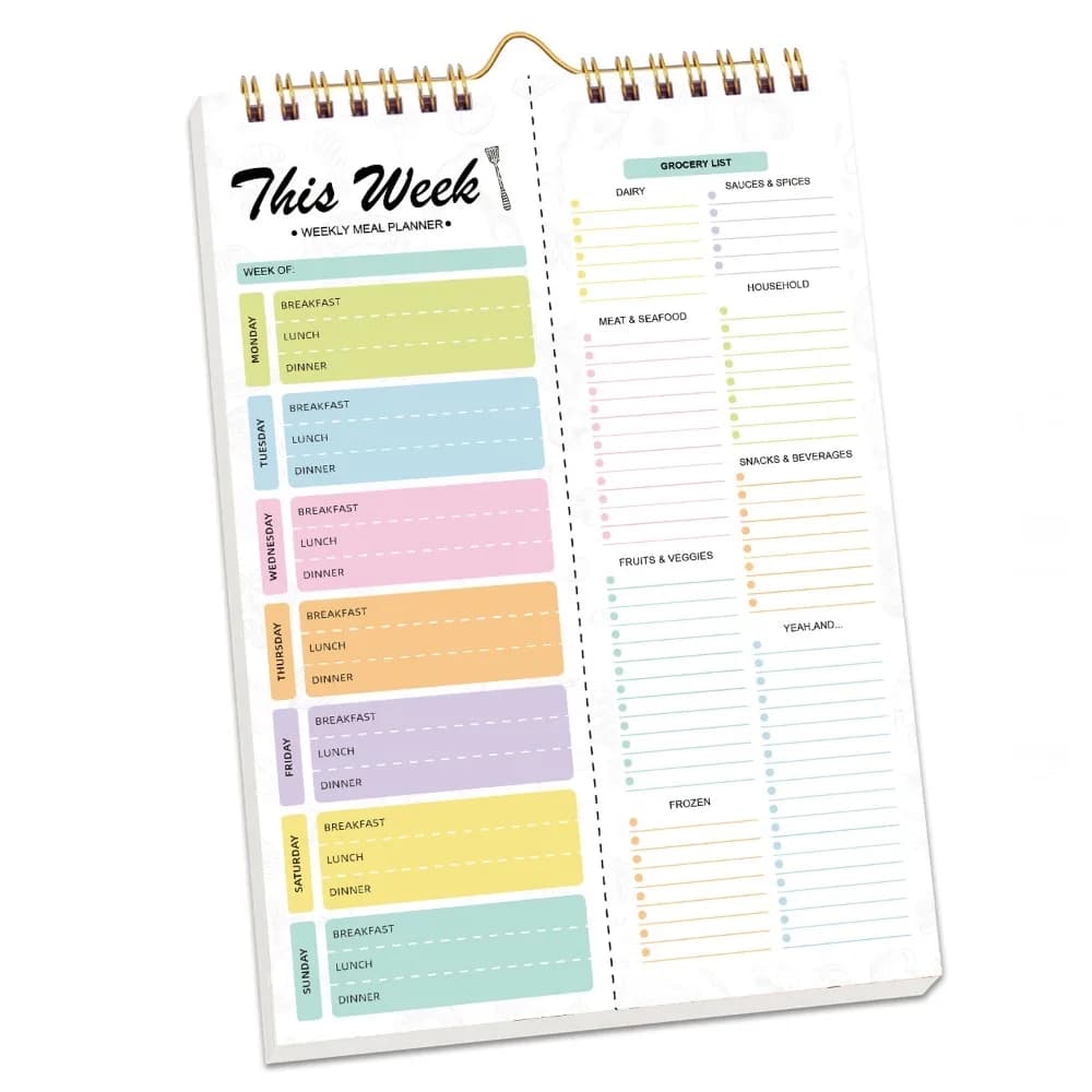 Blocco note per la pianificazione dei pasti da 52 fogli, riutilizzabile, design a strappo, agenda settimanale dei pasti, blocco note per la lista della spesa in stile taccuino rilegato a spirale