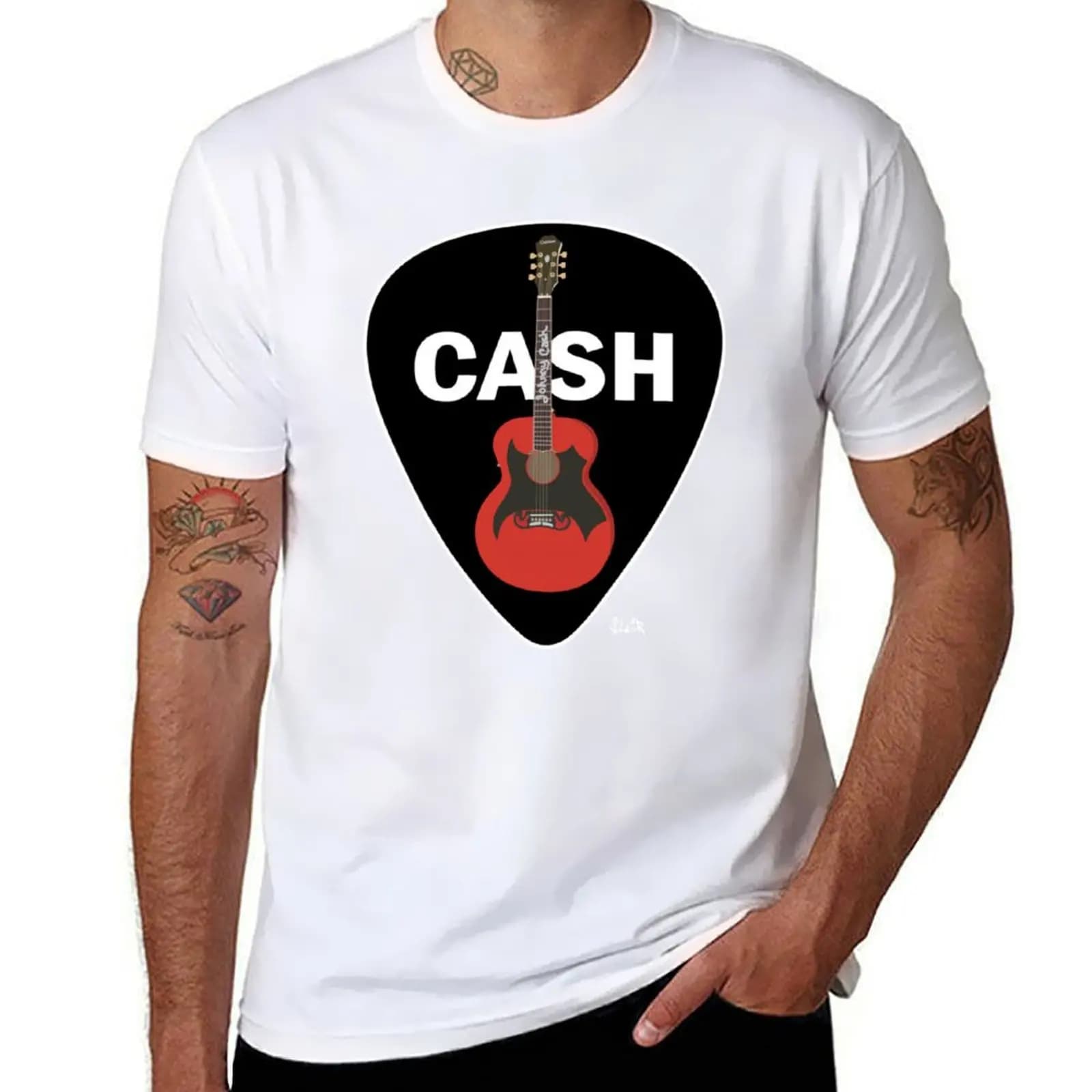 T-shirt Cash Pick and Guitar, t-shirt casual ampia e comoda da indossare tutti i giorni