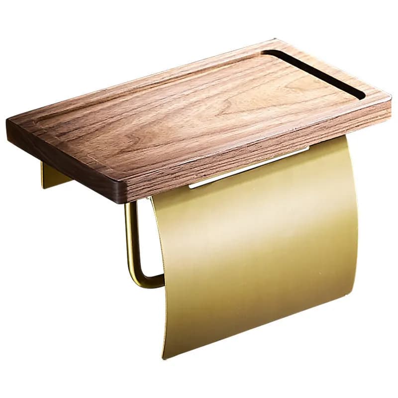 Portarotolo da Parete in Alluminio Dorato Spazzolato per Bagno, Porta Carta Igienica e Supporto per Cellulare, Design Noce