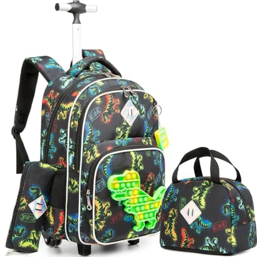 Zaino con ruote per ragazzi con set porta pranzo, zaino dinosauro con ruote, valigia da viaggio, bagaglio per laptop per ragazzi dai 6 agli 8 anni