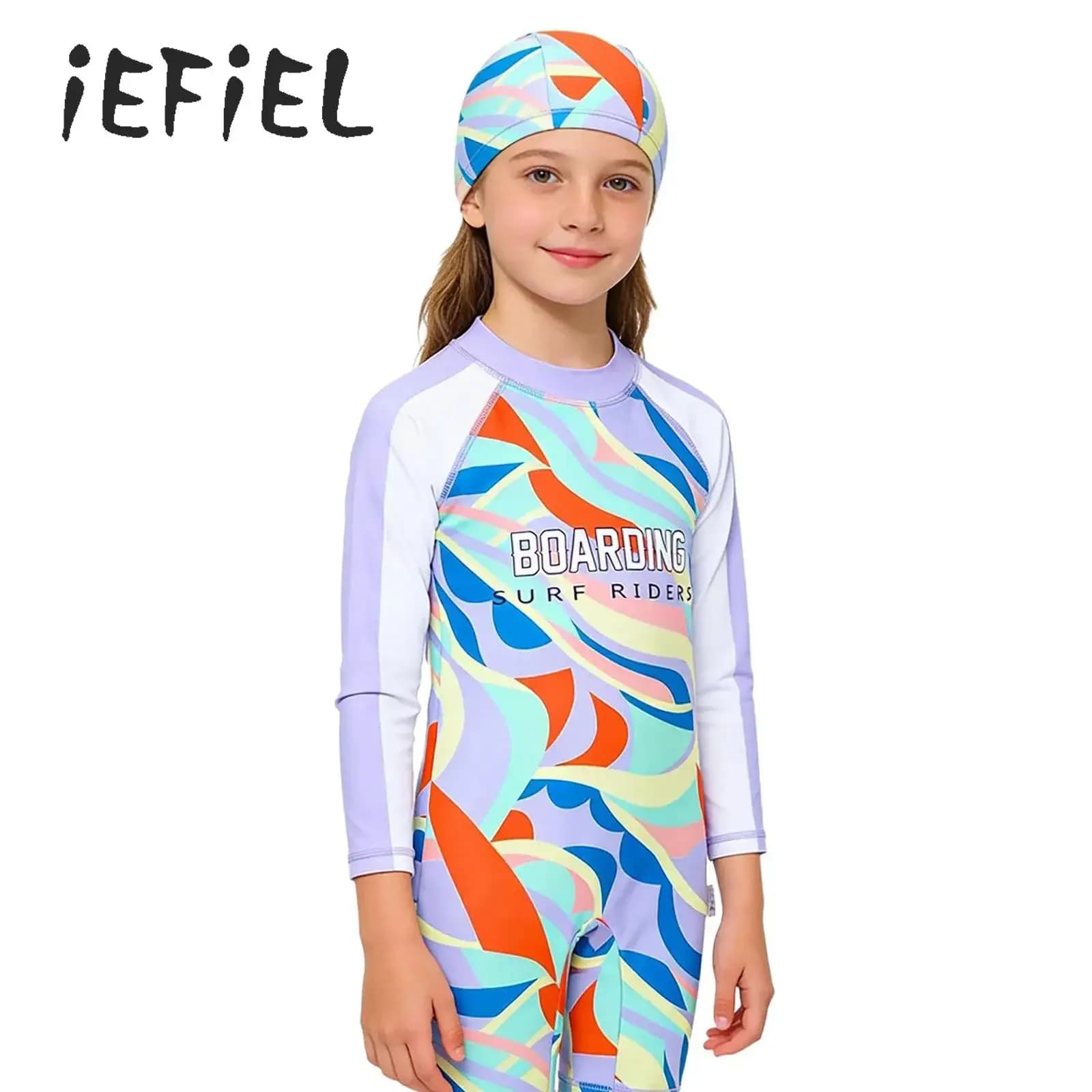 Girl sports swimsuit 2 pieces, set with long sleeve sun protection, fast drying whole costume with swimming hood, diving suit