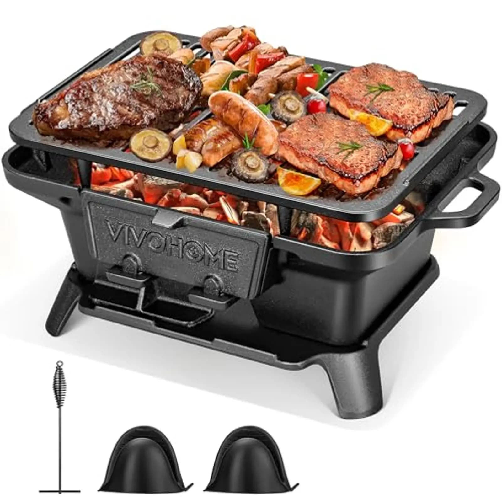 Griglia rettangolare in ghisa per carbone – Griglia a doppia faccia, BBQ portatile da esterno, Fornello compatto da tavolo per campeggio (Carbone)