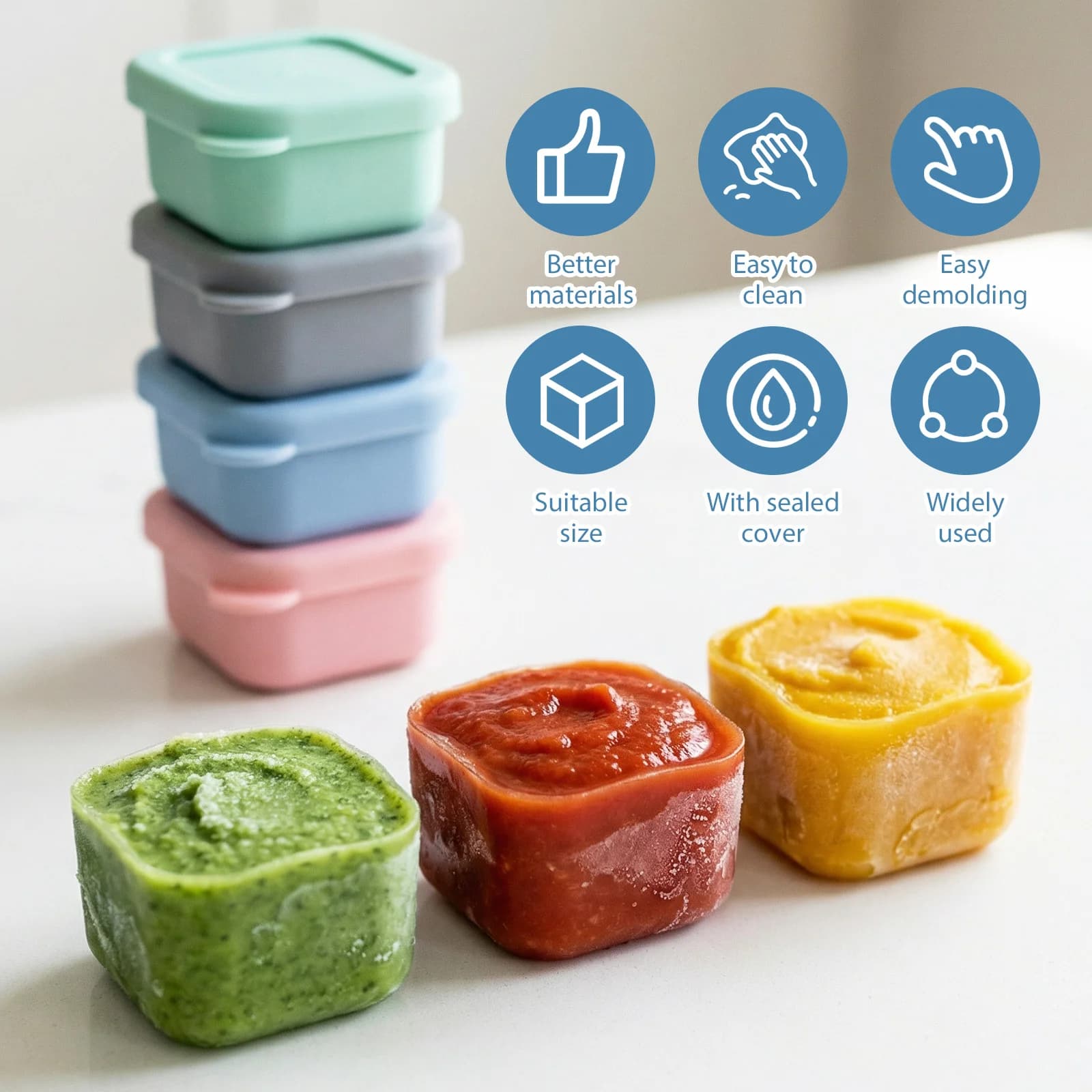 Set da 4/8 Pezzi: Stampi in Silicone da 100 ml con Coperchio, Vaschette Congelatore in Silicone per Preparazione Pasti, Contenitori Piccoli da 8,1 x 8,1 x 4,1 cm