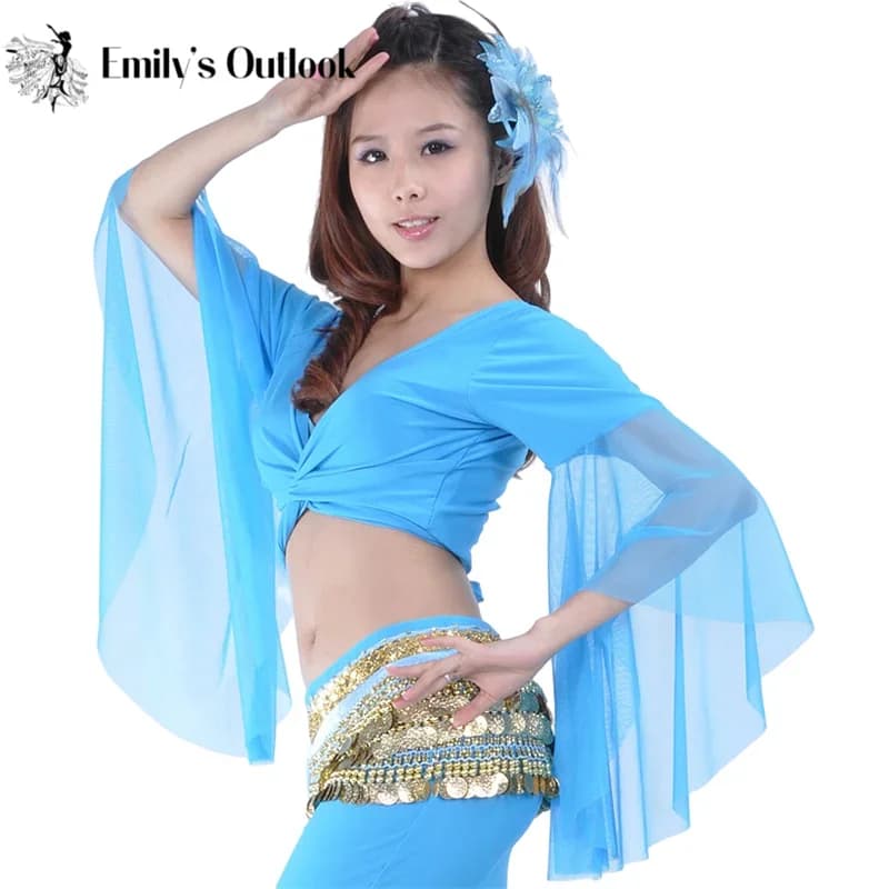 Camicetta avvolgente con maniche lunghe a campana con scollo a V da donna T-shirt Filato d'acqua Leggero Fasciatura in rete Top Ballerino Pratica Solido 12 colori