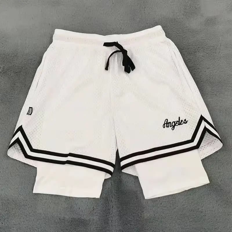 Double Layer Basketball Shorts Men's Knee Sports Pants False in Two Pieces Fitness Running Lining Three-Quarter Belt Summer
