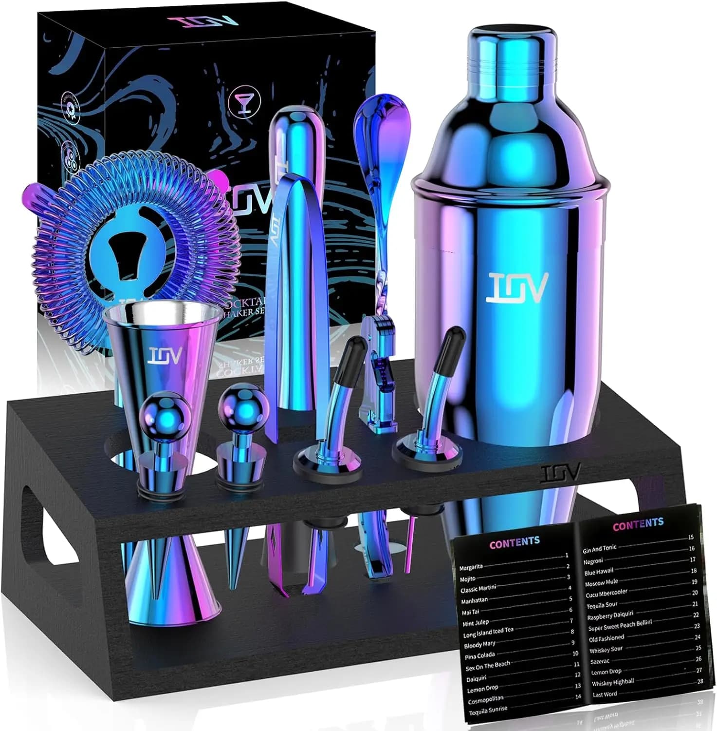 Set da Cocktail 12 Pezzi con Supporto | Kit Shaker per Martini da 24oz | Utensili da Bar e Libro di Ricette | Regalo di inaugurazione della casa