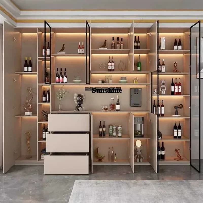 Credenza da Cucina, Mobile Alto con Ante in Vetro e Cassetto, Cantinetta Vini, Dispensa con Ripiani, Isola Cucina
