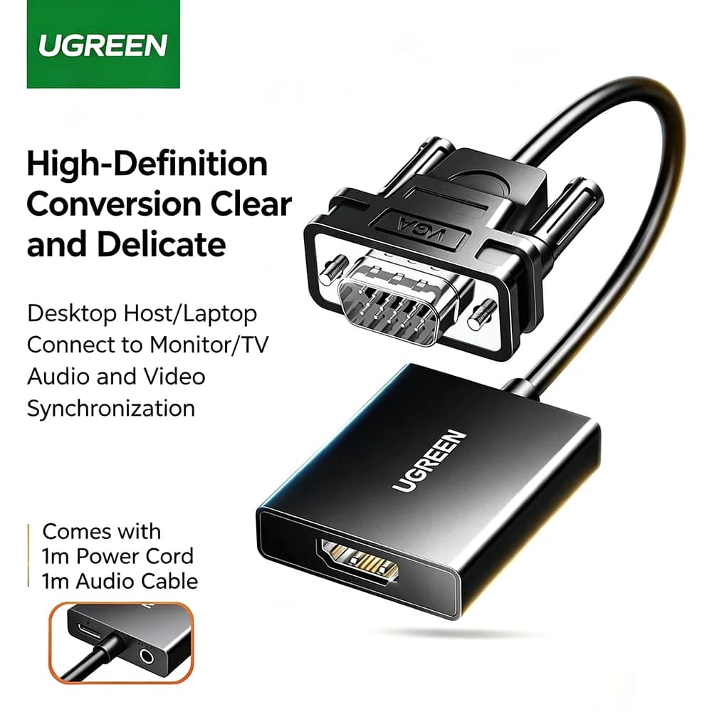Adattatore UGREEN da VGA Maschio a HDMI Femmina 0.15M con Supporto per Uscita Audio e Conversione Segnale HD per Monitor, Televisori e Proiettori