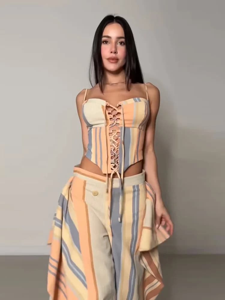 Chic Lady Printed Pant Set Lace Up Spaghetti Strap Sleeveless Tube Top And Long Pant Ruffles Fashion Summer Women Vacation Suit