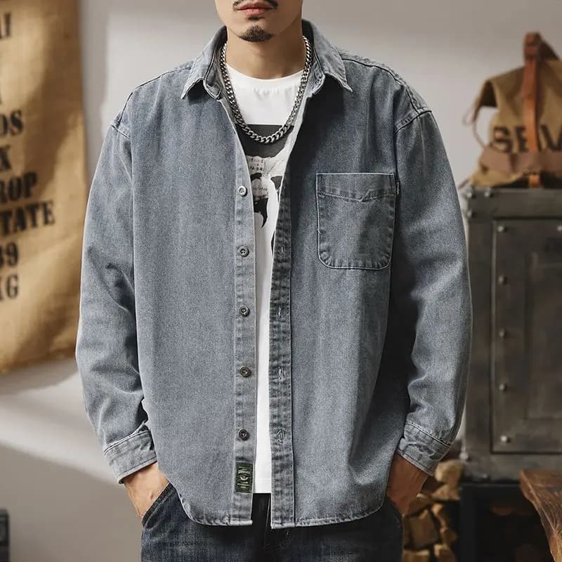 Camicia in Denim da Uomo, Casual, Manica Lunga, Antipiega, Blu, Stile Workwear, Primavera-Autunno, Stile Americano, Misto Cotone e Poliestere