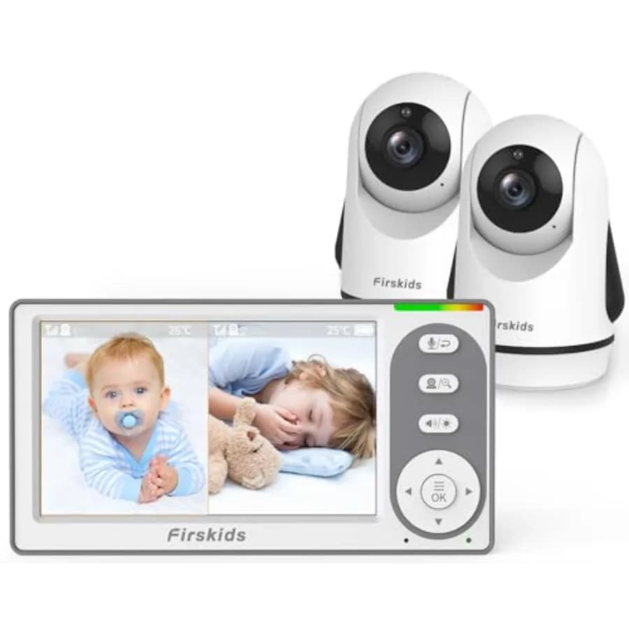 Monitor per Bambini con Schermo Diviso e 2 Telecamere, Senza WiFi, Batteria 30H, Pan-Tilt-Zoom, Visione Notturna, Audio Bidirezionale, Sensore Temperatura Ambiente, Ninna Nanna