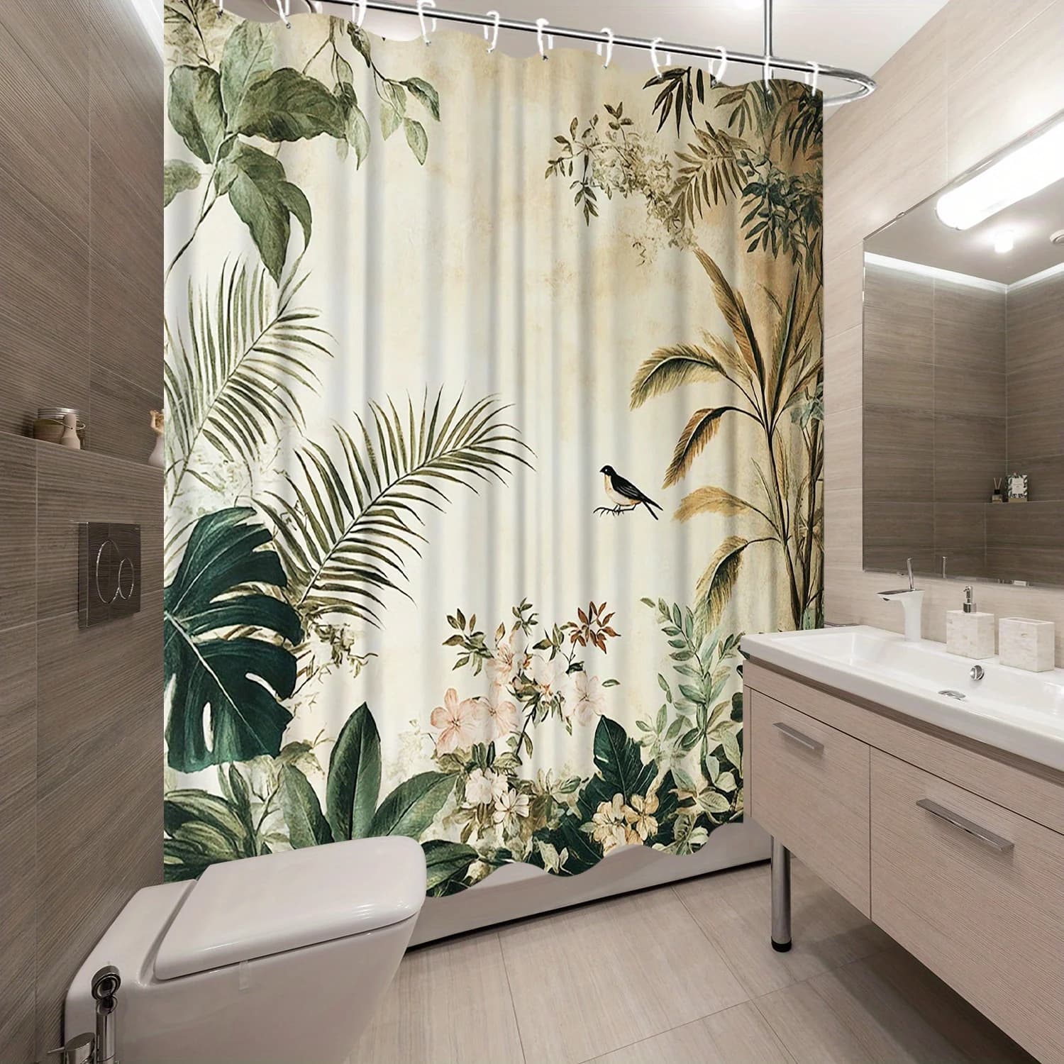 Tenda da doccia da giardino tropicale lussureggiante da 1 pezzo: fiori rosa e piante verdi, design botanico realistico con uccello