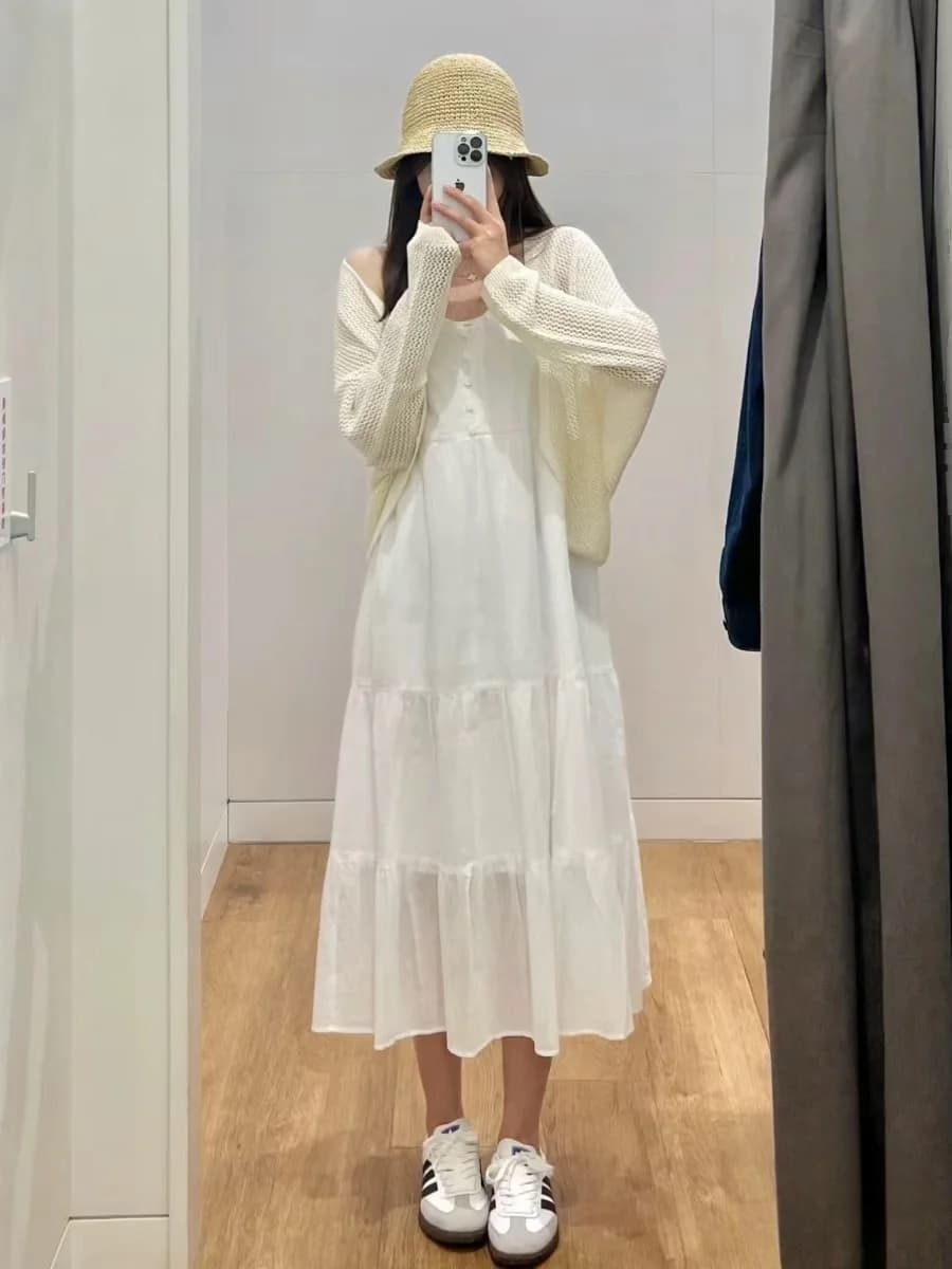 Abito Estivo in Cotone da Spiaggia con Spalline, Gonna a Strati Voluminosa da Donna, con Bottone Singolo, Casual, Senza Maniche, per il Tempo Libero, Marca URHMBMK