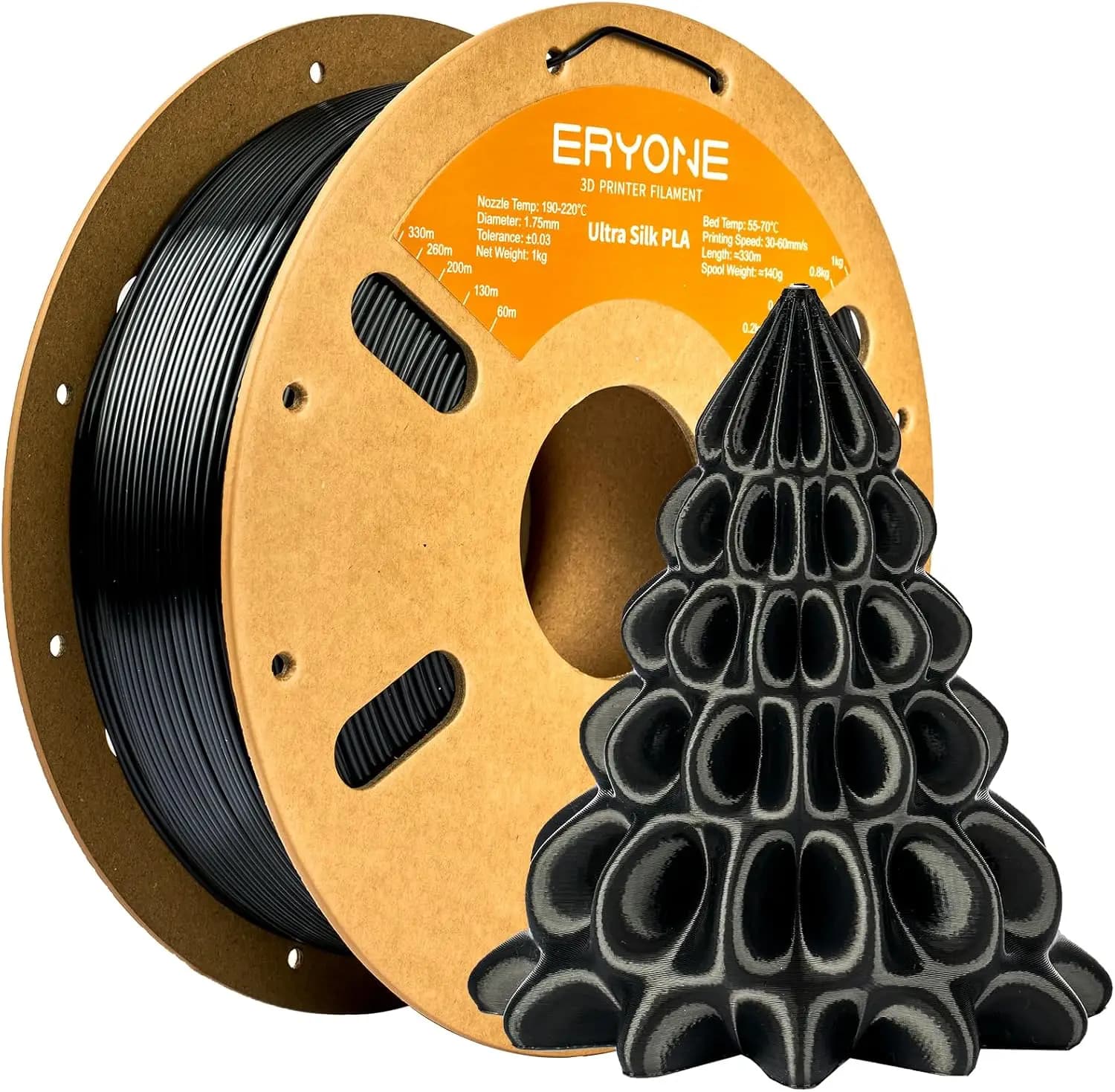 Silk PLA+ 1.75mm Glossy Finish 3D Printer Filament, 1kg Spool, Black - Perfect for Art & Decorative Prints