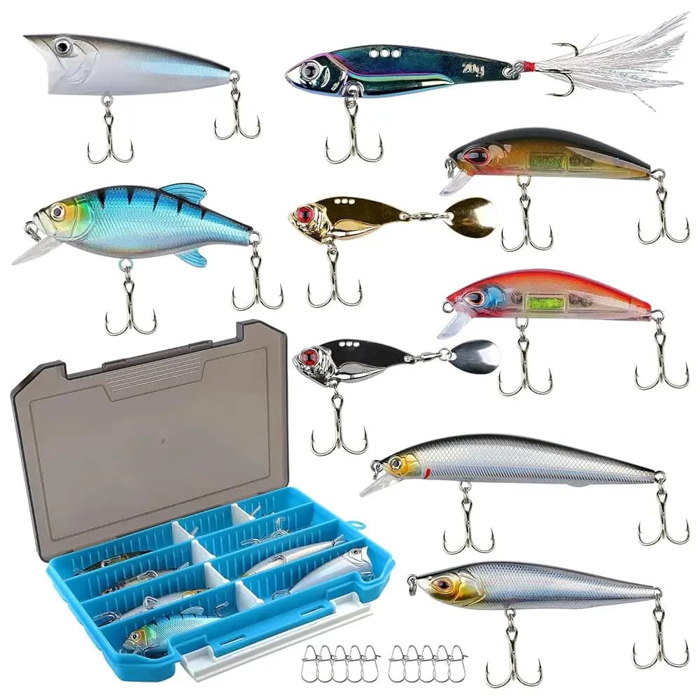 Kit di 9 Esche Rigide Multistrato per Pesca con Scatola Porta Attrezzi | Set di Esche per la Pesca di Bass e Trota, Inclusi Minnow, VIB e Spinnerbait