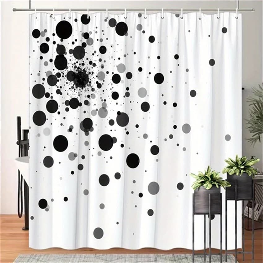 Tenda da doccia moderna a cerchio monocromatico: punti neri su bianco, illustrazione digitale, lavabile in lavatrice, arredamento da bagno contemporaneo