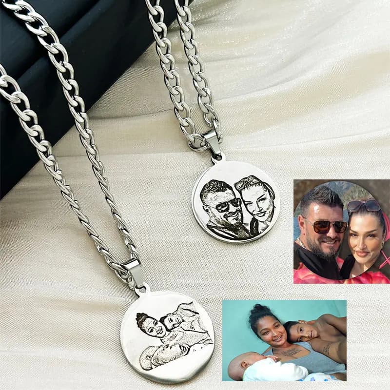 Necklace with Custom Stainless Steel Pendant, Laser Engraving, Portrait Photos, Cuban Chain, Commemorative Gift for Couples