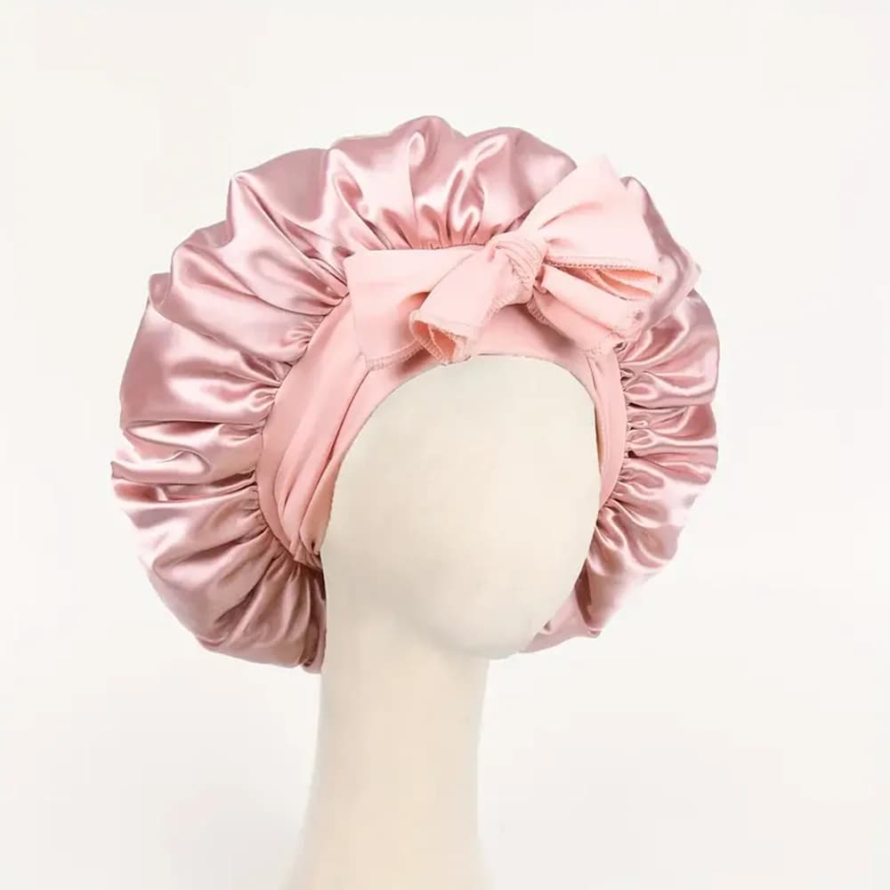 Adjustable Pink Satin Sleep Bonnet with Bow, Silk Hair Cap with Tie Band, Comfortable Nighttime Hair Protection Bonnet for Women Men, Satin Bonnet for Sleeping, Shower, and Daily Hair Care