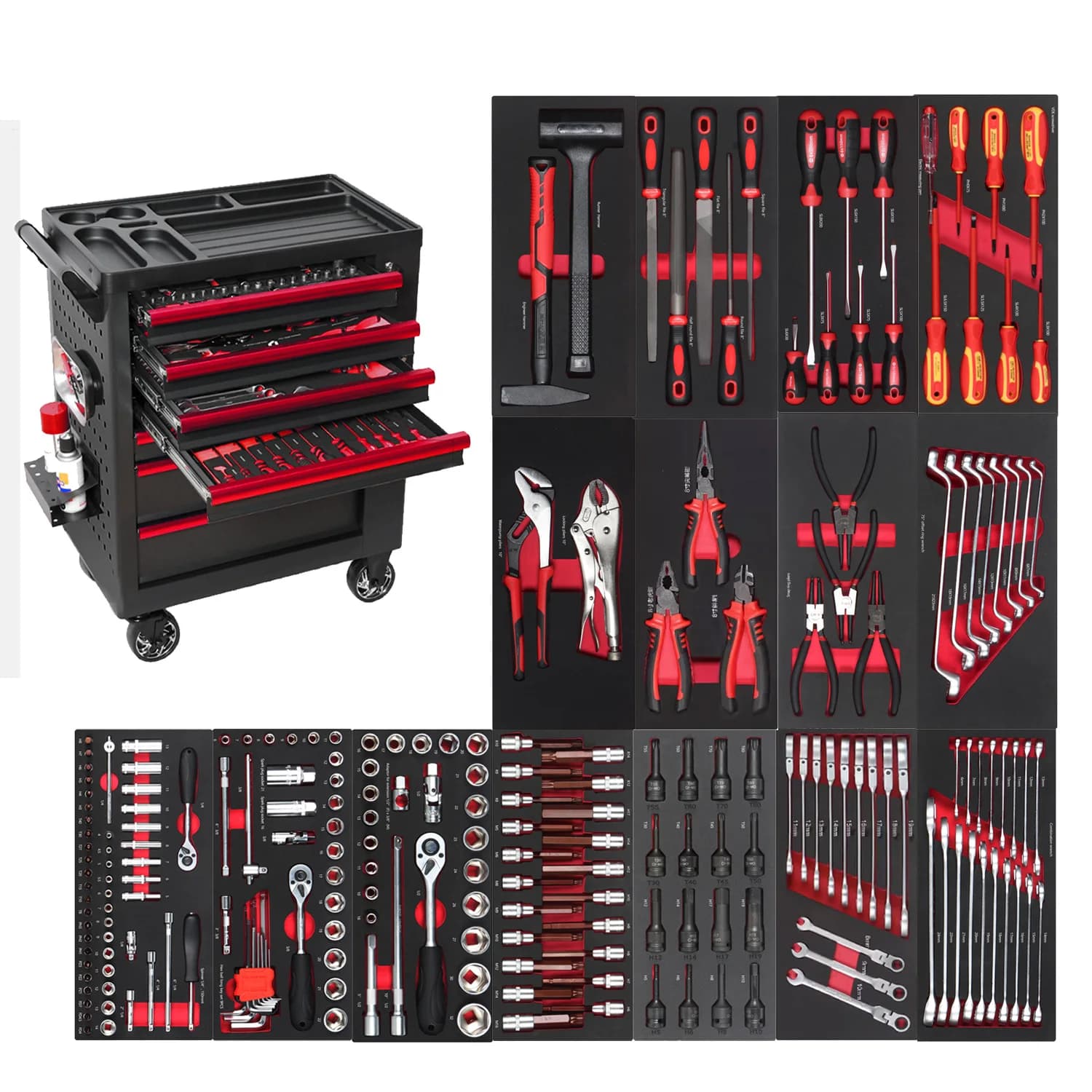 Tool Trolley Roller Garage Cabinet With 246PCS Tools Set In EVA Foam Tray For Workshop Auto Repair