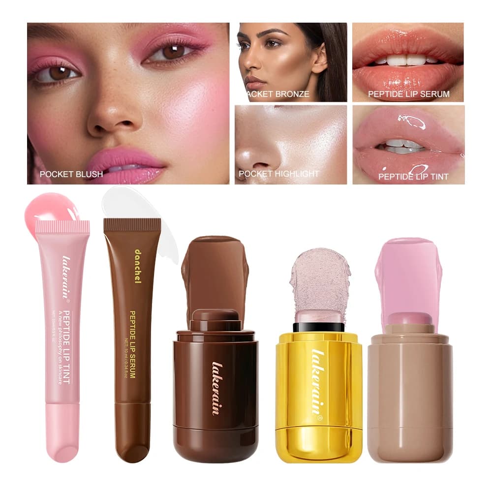 5pcs Face Makeup Set Bronzer Cream Contour Highlighter Blush Stick Transparent Tinted Moisturizing Lip Glaz Cosmetic For Women